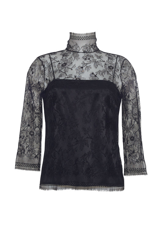 A ghost image of a black lace turtleneck with a black cami underneath it by Adam Lippes