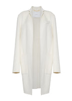 A flat lay of an ivory cashmere long sleeved short coat.