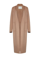 A flat lay of the front of the camel Vanessa Coat in Zibeline Cashmere.