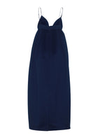 A ghost image of the back of the esme dress in technical satin in navy.