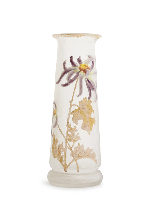 A tall Mont Joye glass vase with gold and purple enameling.