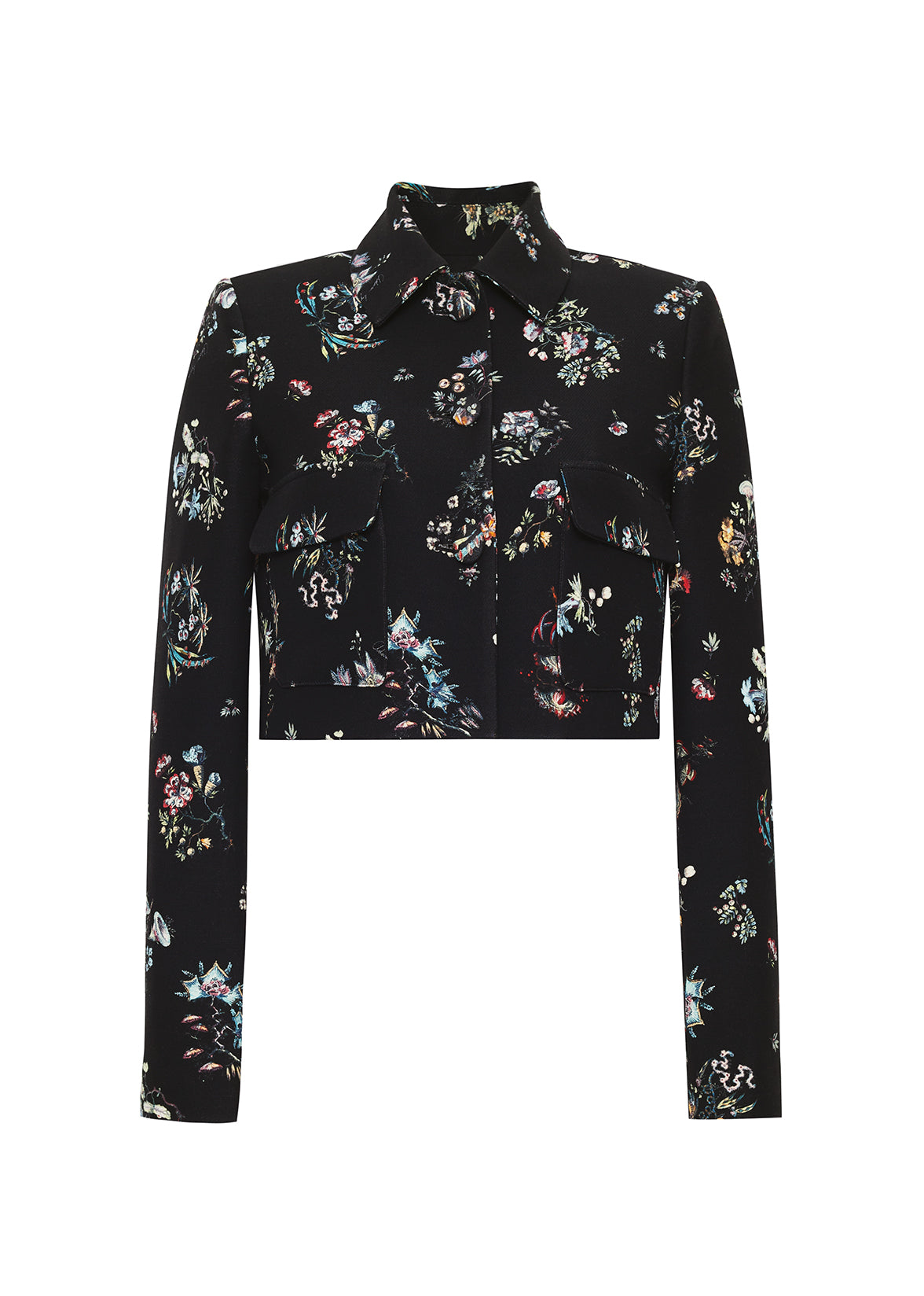 ghost image of the front of the cecil jacket in printed silk wool in black