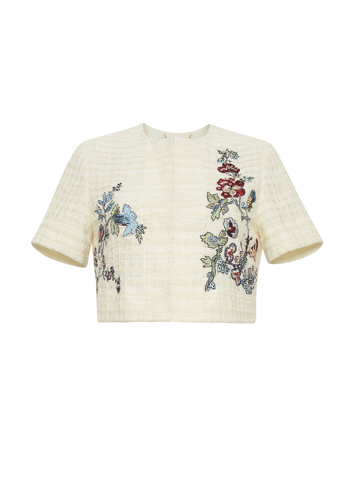 ghost image of the embroidered jacket in basketweave in ecru multi