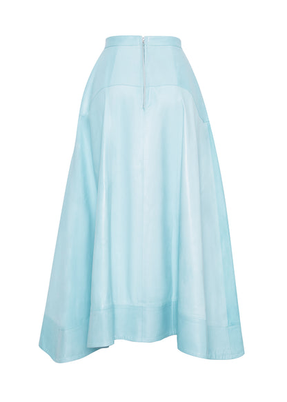 ghost image of the back of the cody skirt in leather in aqua