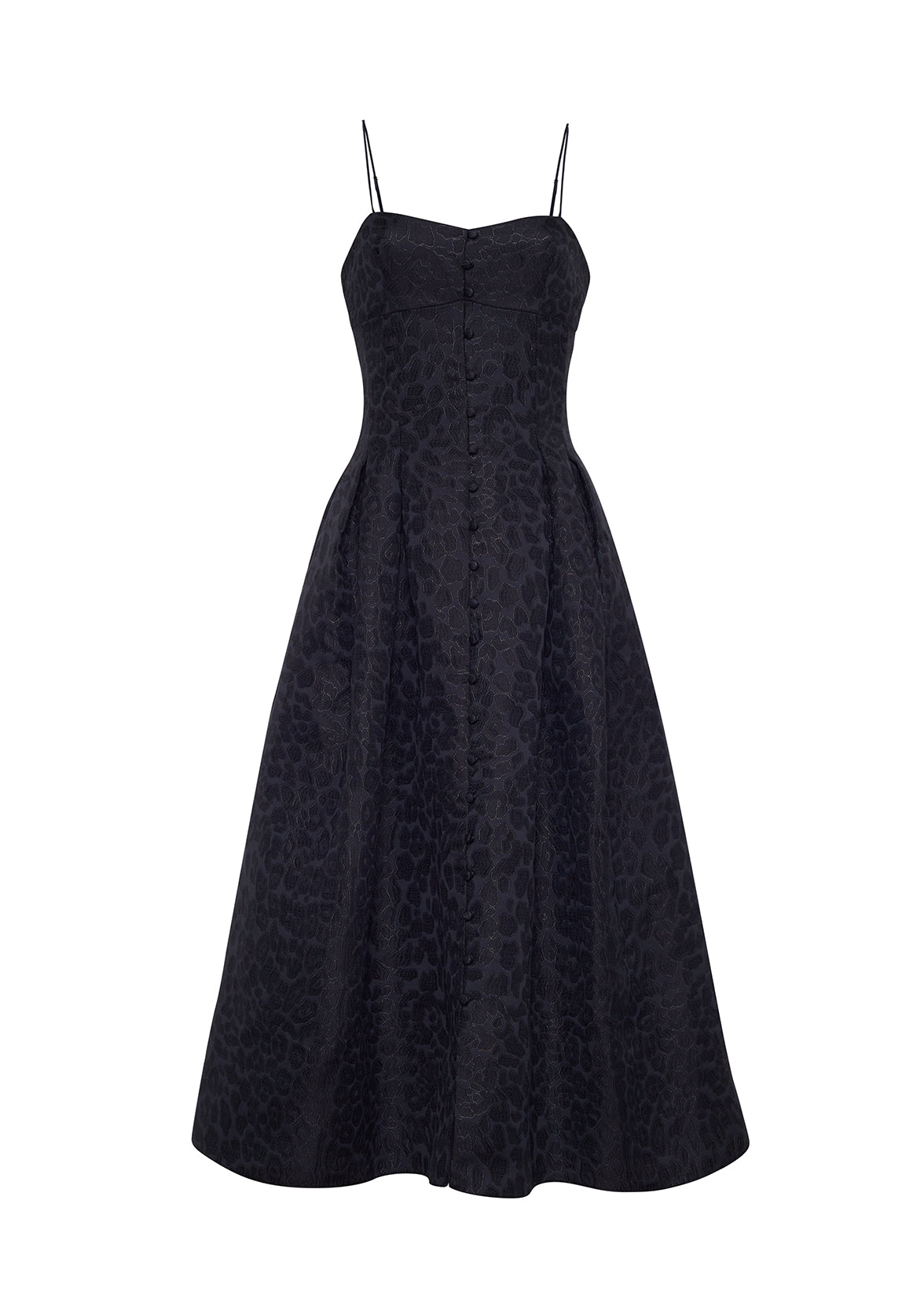 Ghost image of the front of the rickie dress in midnight leopard