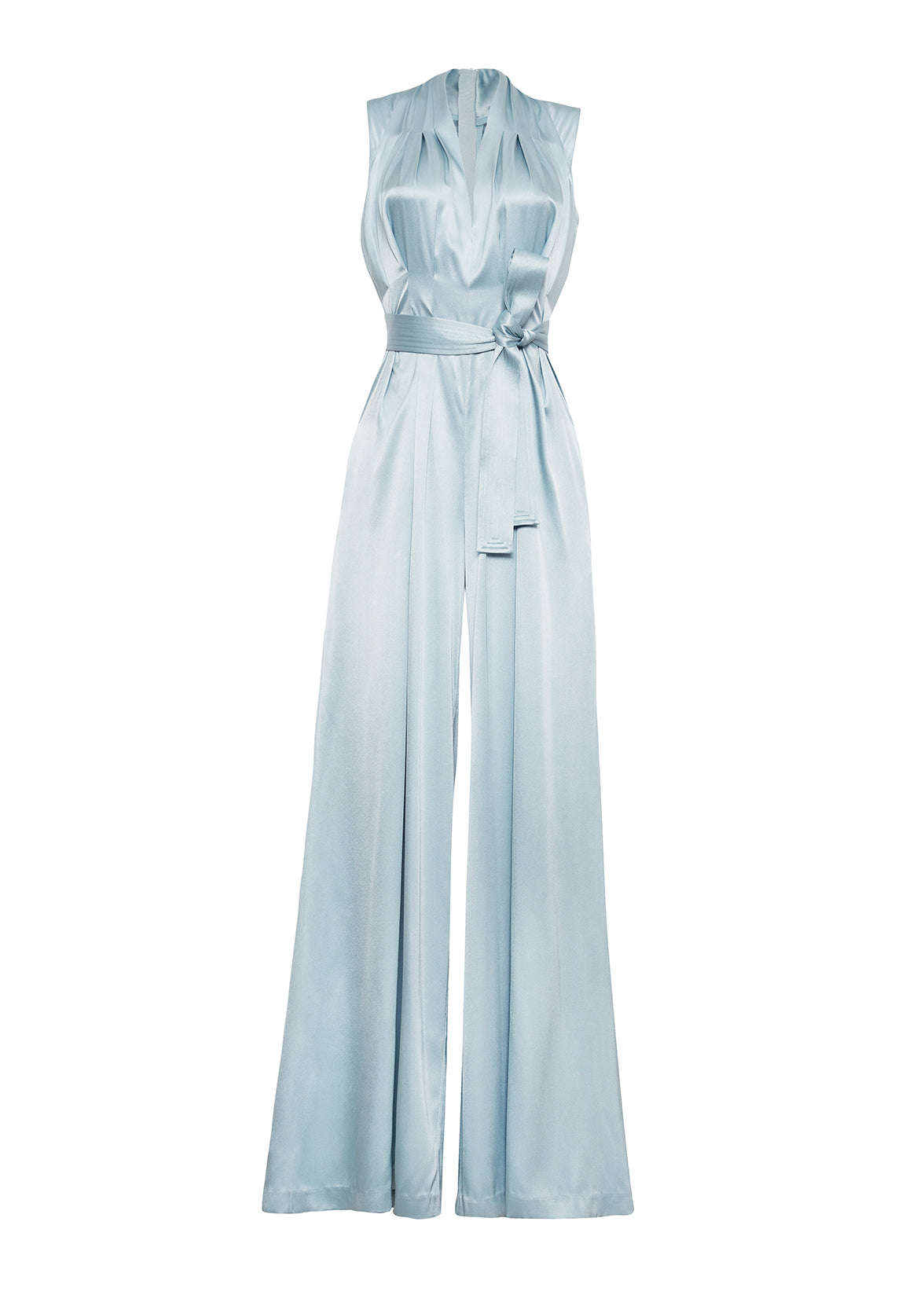 Ghost image of front of Nansi Jumpsuit in double face silk charmeuse in mist