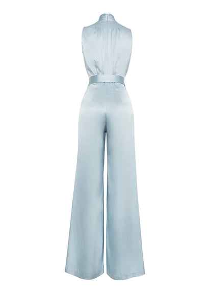 Ghost image of back of Nansi Jumpsuit in double face silk charmeuse in mist