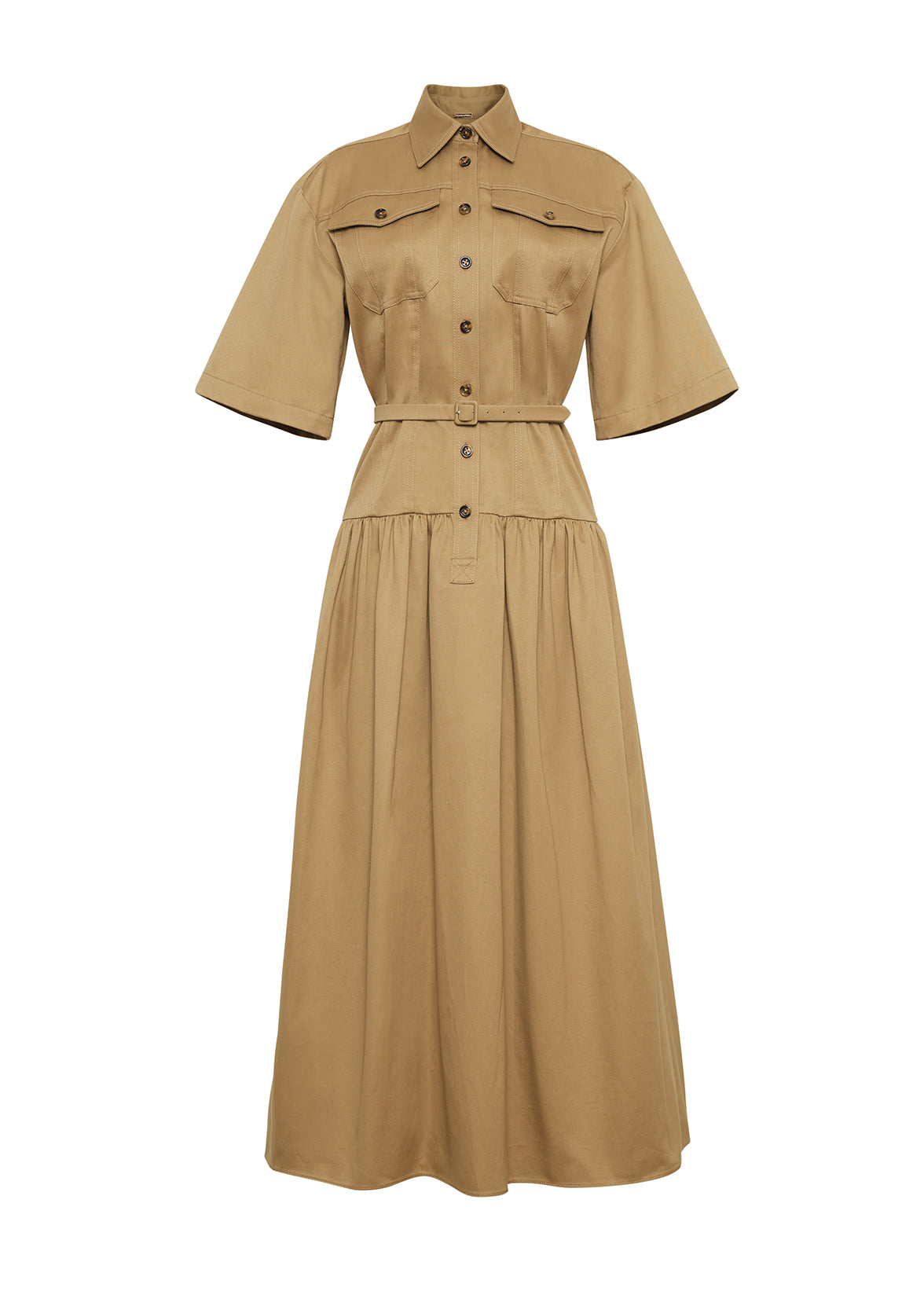 Ghost image of front of Edie Dress in Cotton Twill in Khaki