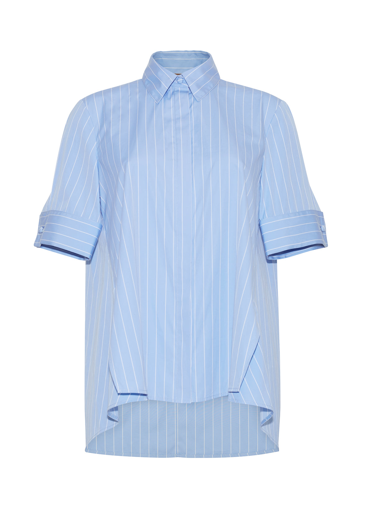 front ghost image of the trapeze shirt in stripe poplin in pale blue 