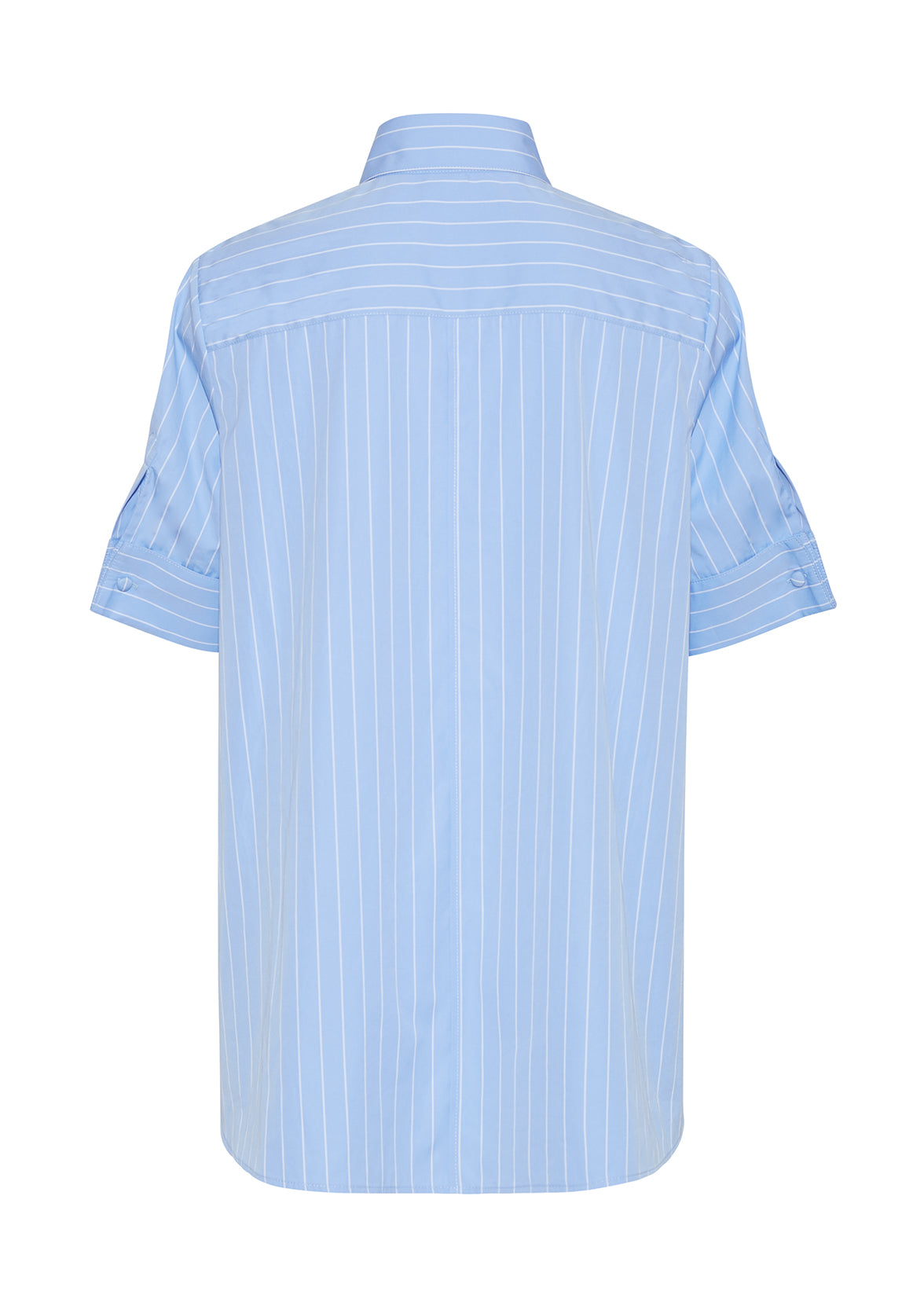 back ghost image of the trapeze shirt in stripe poplin in pale blue 