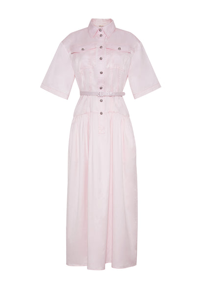 front ghost image of the Edie Dress in Cotton Twill khaki in pale pink