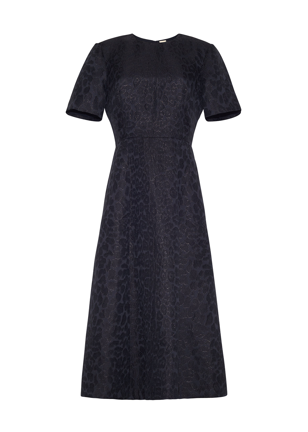 front ghost image of the evangeline dress in leopard jacquard in midnight multi