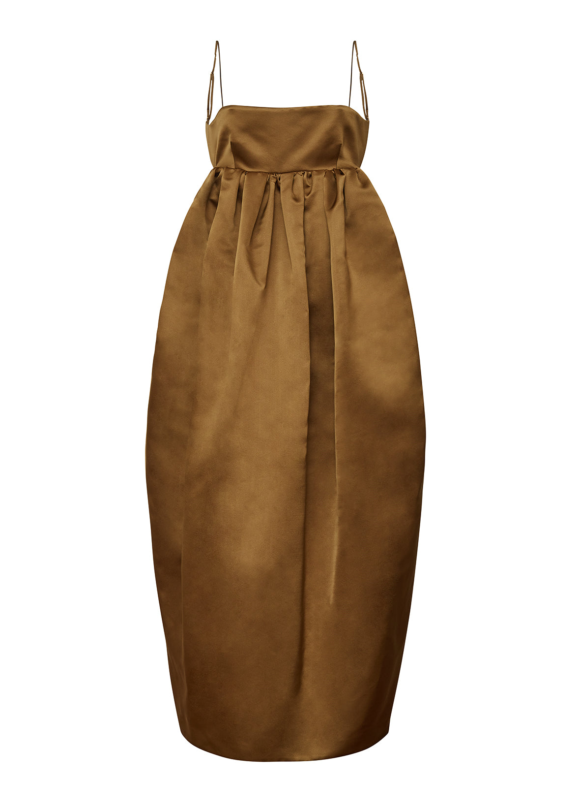 front ghost image of the Liet Dress in Duchess Satin Bronze 