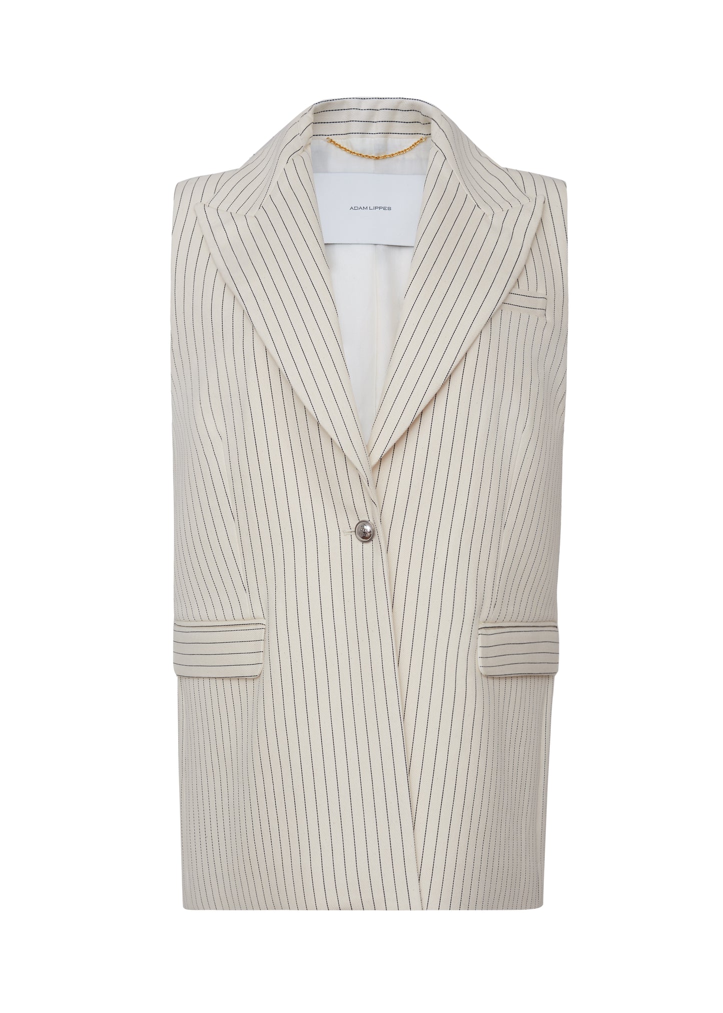 Front ghost image of the Callan Vest in Pinstripe Twill in canvas/indigo