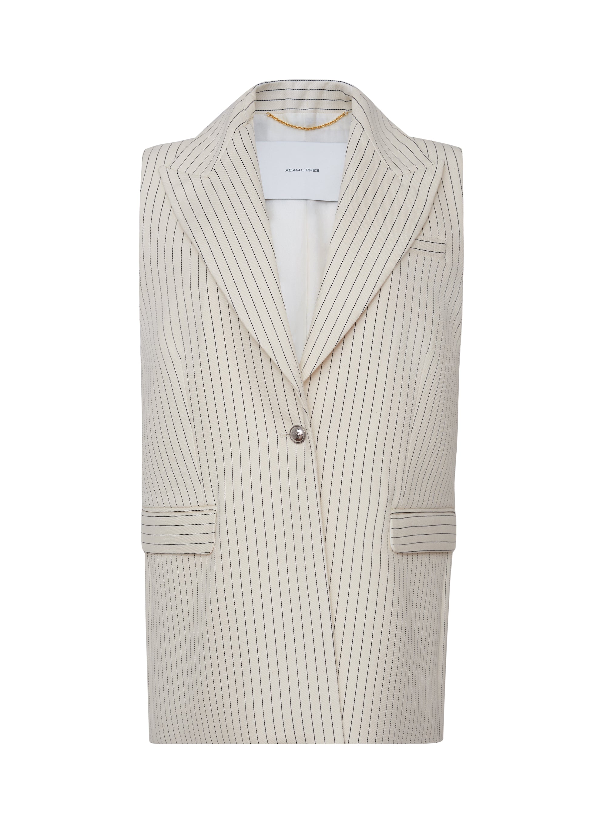 Front ghost image of the Callan Vest in Pinstripe Twill in canvas/indigo