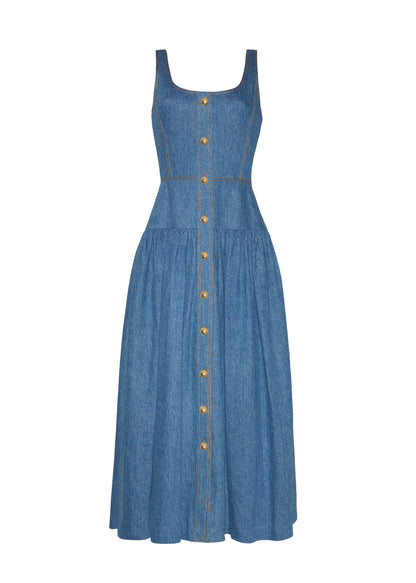 Front Ghost Image of the Cassie Dress in Stone Wash Denim