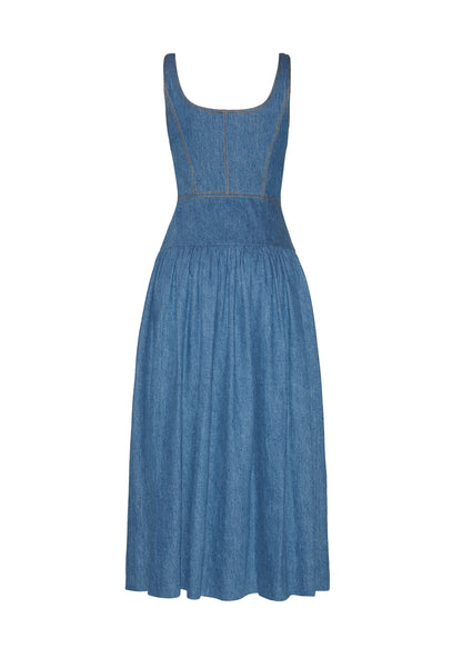 Back Ghost Image of the Cassie Dress in Stone Wash Denim