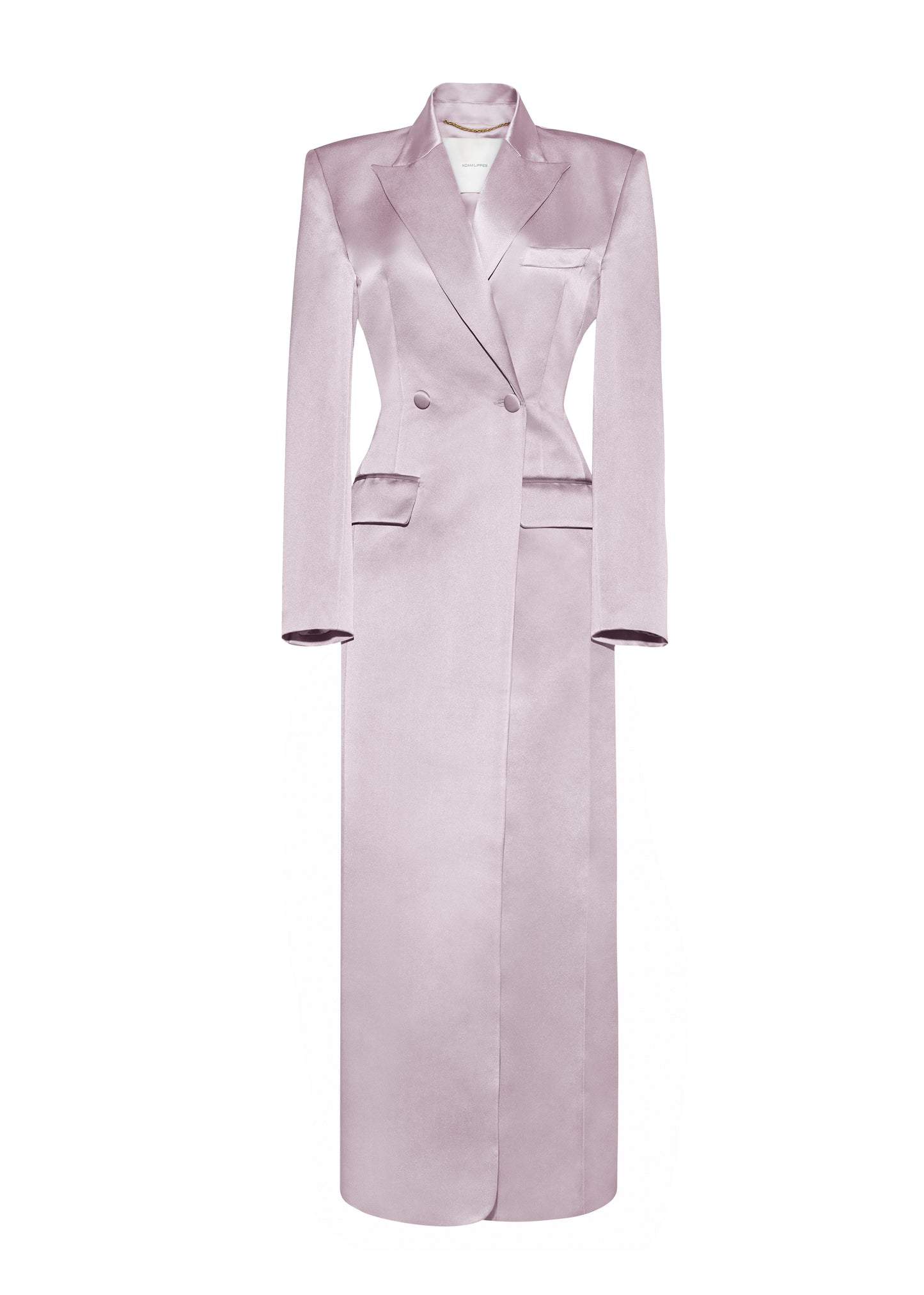 front ghost image of laurence coat by adam lippes in duchess satin in smokey amethyst