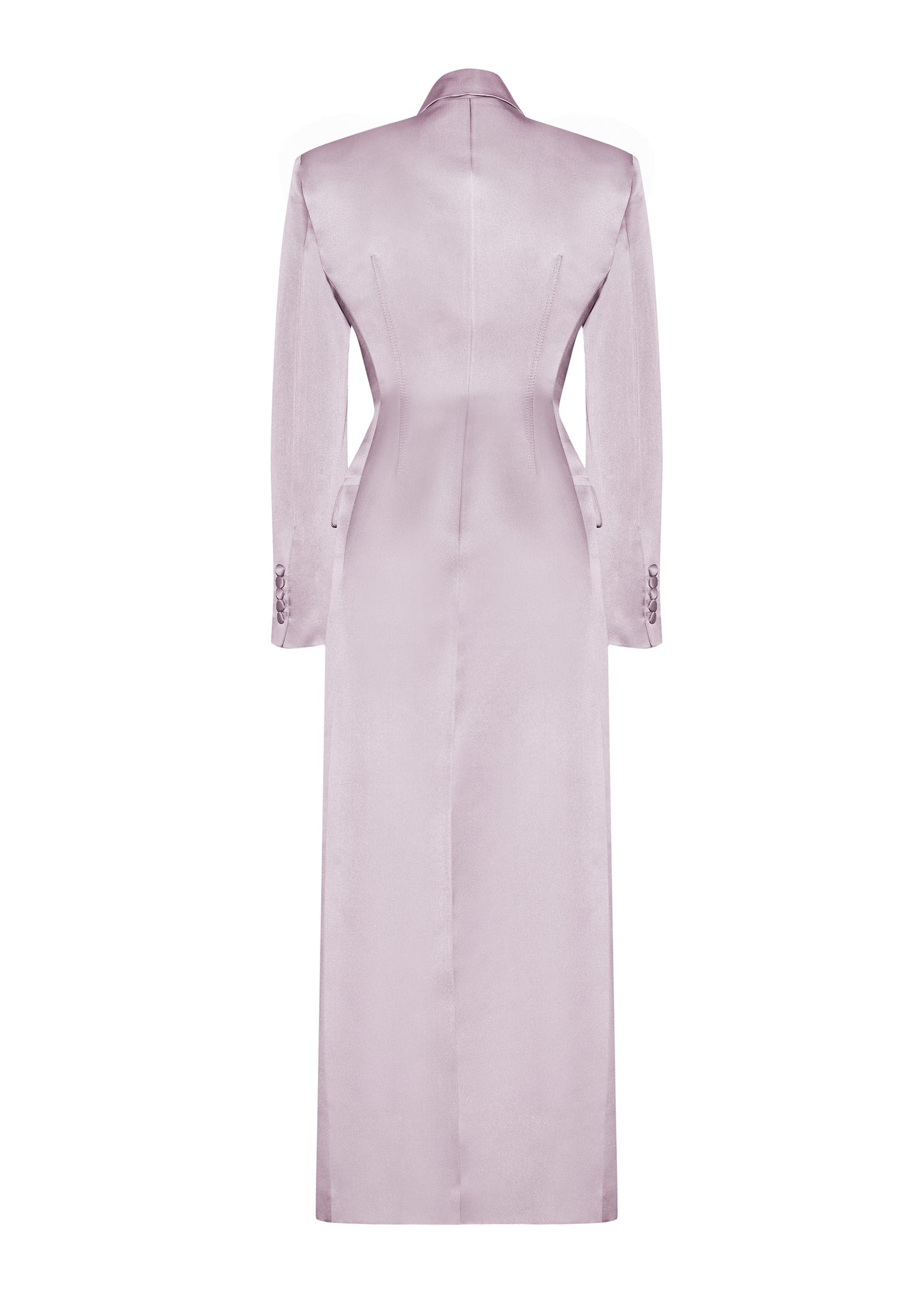 back ghost image of laurence coat by adam lippes in duchess satin in smokey amethyst