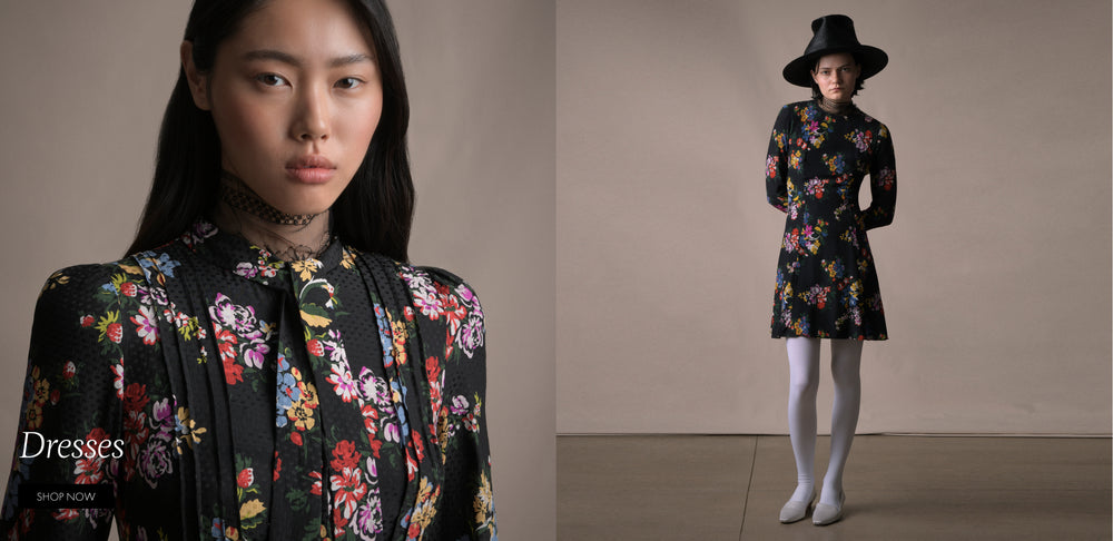 Dresses. Shop Now. An image on the left of crop of a model wearing a black floral printed dress. On the right an image of a model facing forward wearing a black floral dress and a big hat.