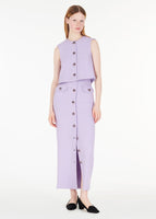 Full shot of model wearing the Remo Top in Wool Crepe Lavender and the Dakota Skirt in Wool Crepe Lavender