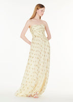 Full body of model wearing the Estelle Dress in Printed Silk Crepon in Cream multi