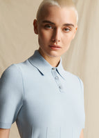 A close up image from waist up of a model wearing a light blue short sleeved dress with a collar and three buttons at the neckline.