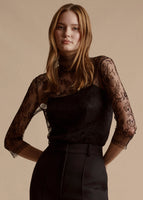 A model wearing a black lace turtleneck top.
