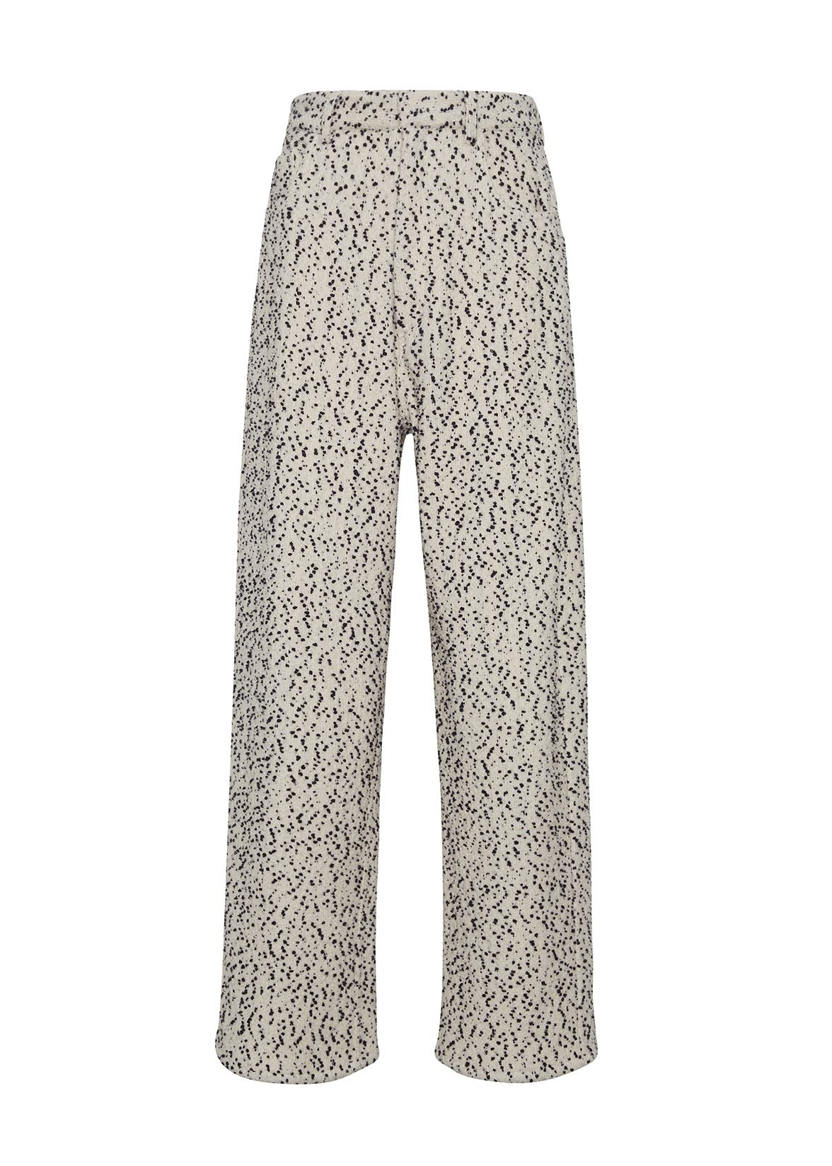 Ghost image of the front of a pair of full leg trousers in a black and ivory dalmatian tweed.