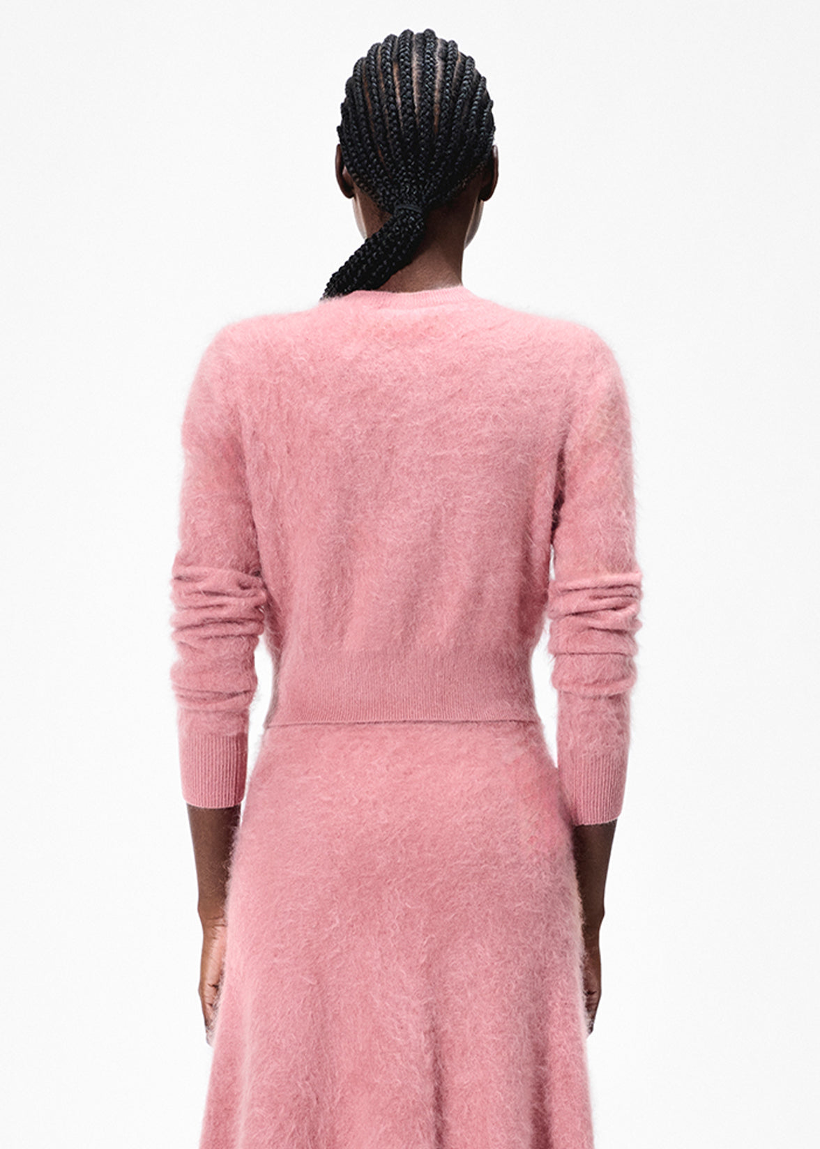 model wearing the cruz cardigan in brushed cashmere in rose by Adam Lippes