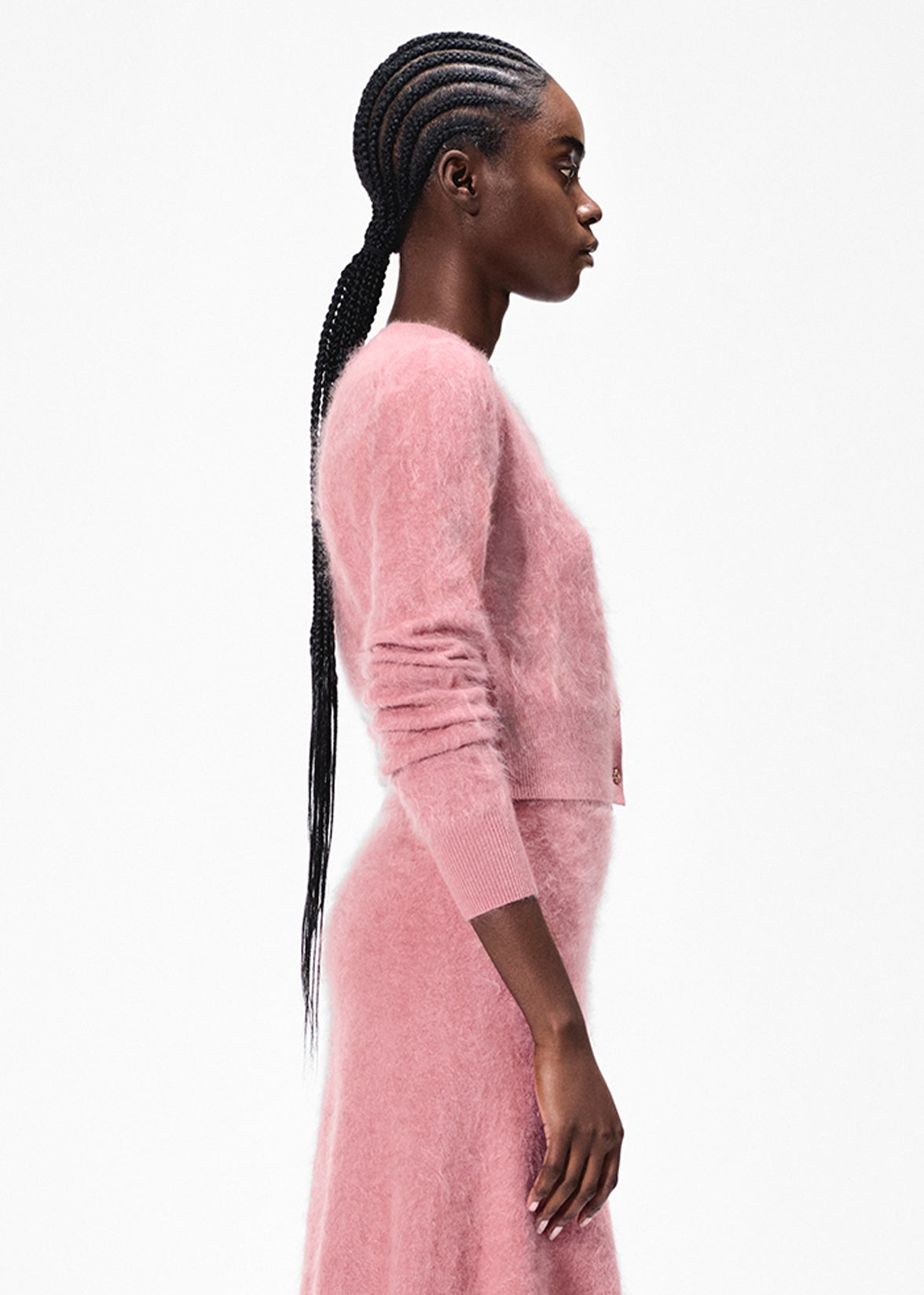 model wearing the cruz cardigan in brushed cashmere in rose by Adam Lippes