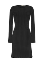 A flat lay of a black pointelle knit dress long sleeve mini dress.
