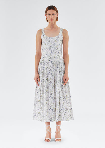 Front of model wearing the Cassie Dress in Printed Poplin in ivory floral