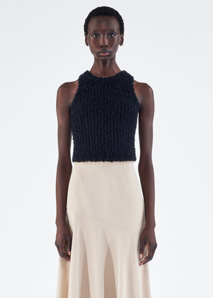 Front of model wearing the Liana Top in Mulberry Silk in Black