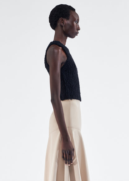 Side of model wearing the Liana Top in Mulberry Silk in Black