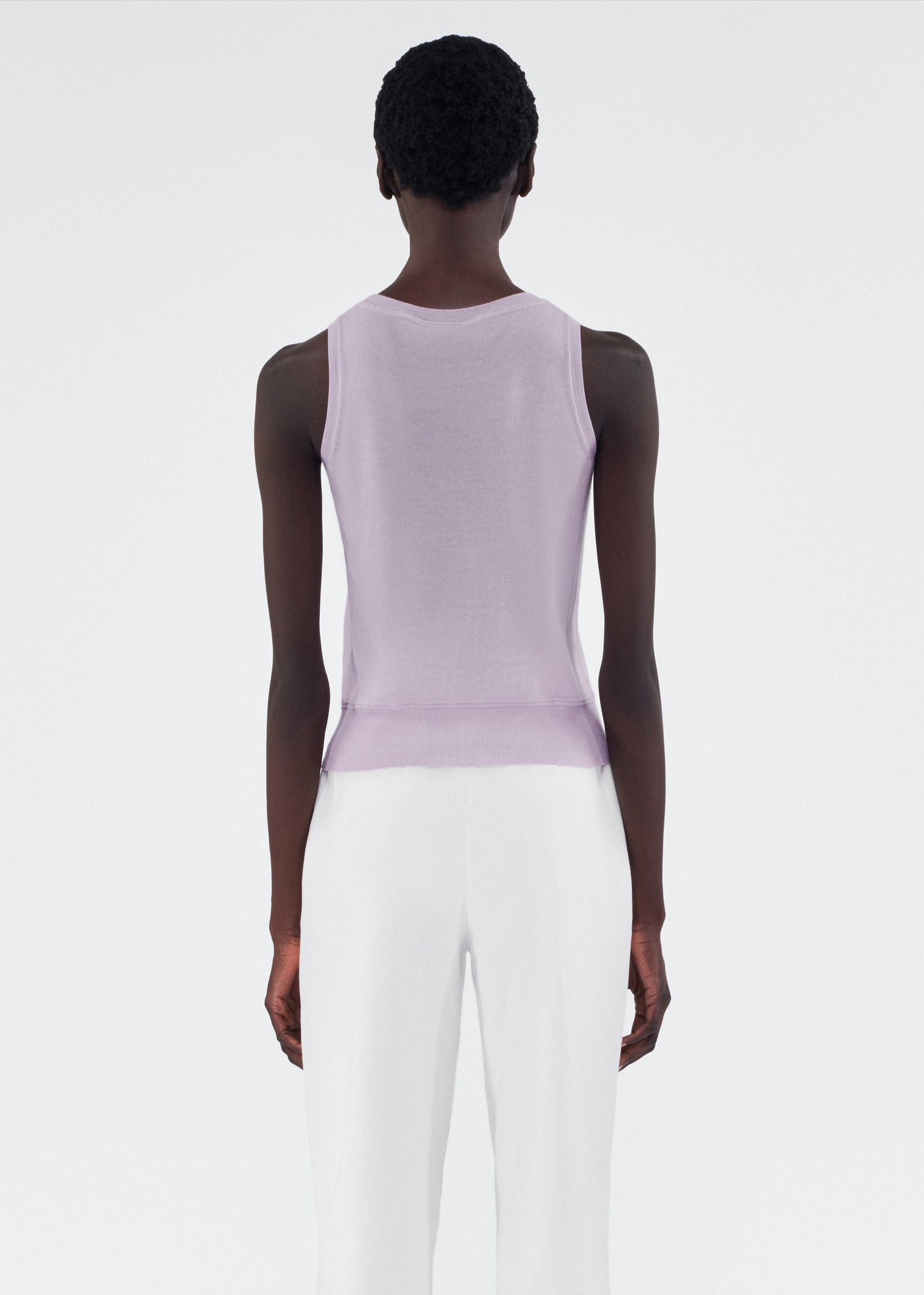 Back of model wearing Shell in Cashmere Silk in Lilac