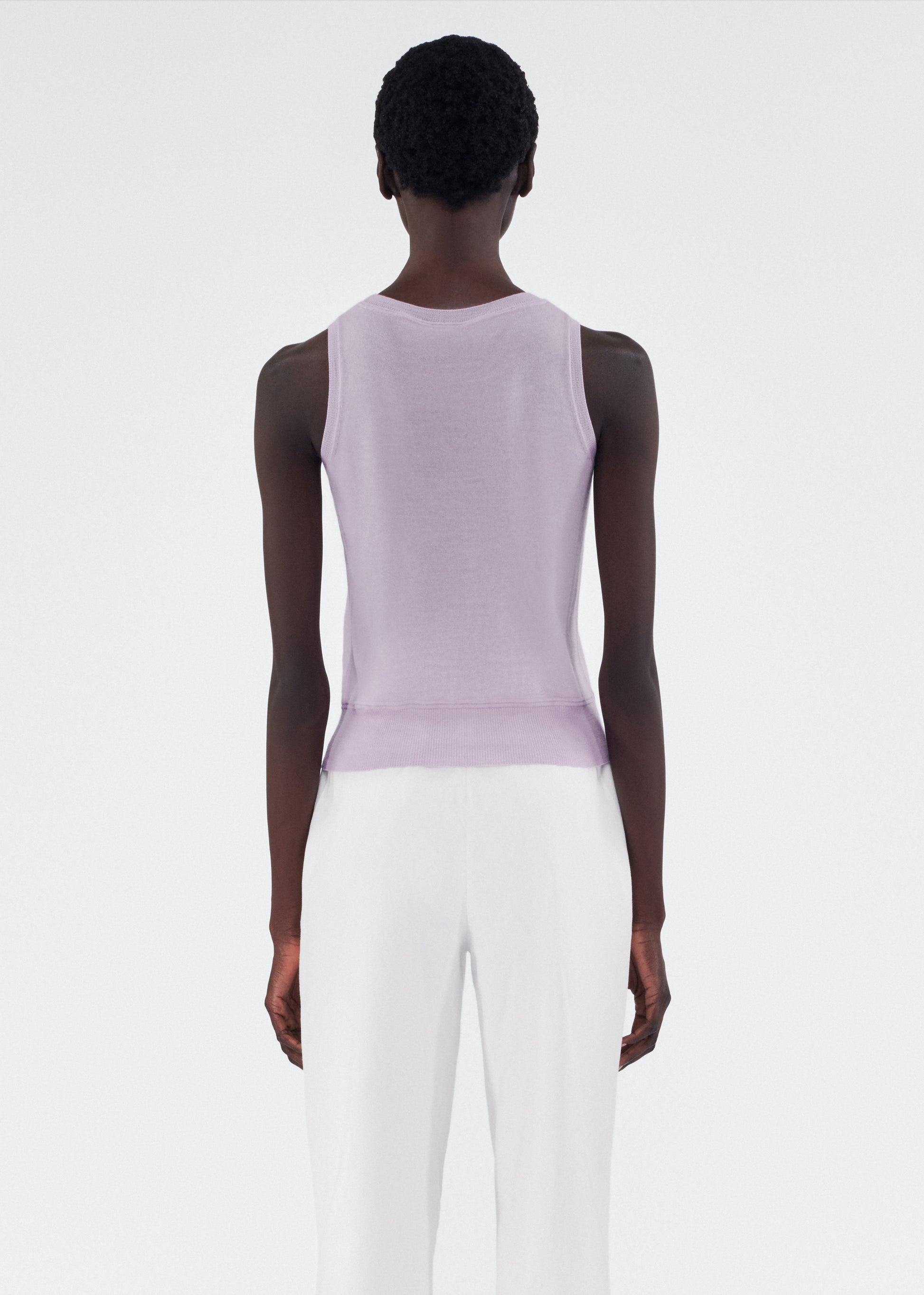 Back of model wearing Shell in Cashmere Silk in Lilac