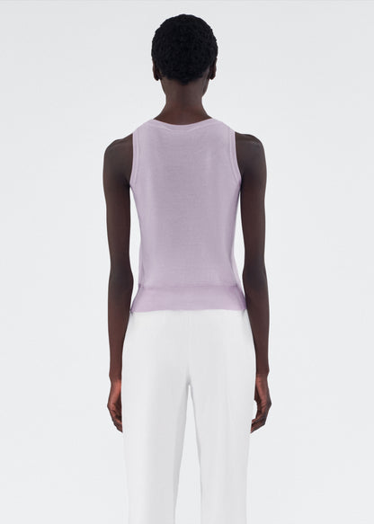 Back of model wearing Shell in Cashmere Silk in Lilac