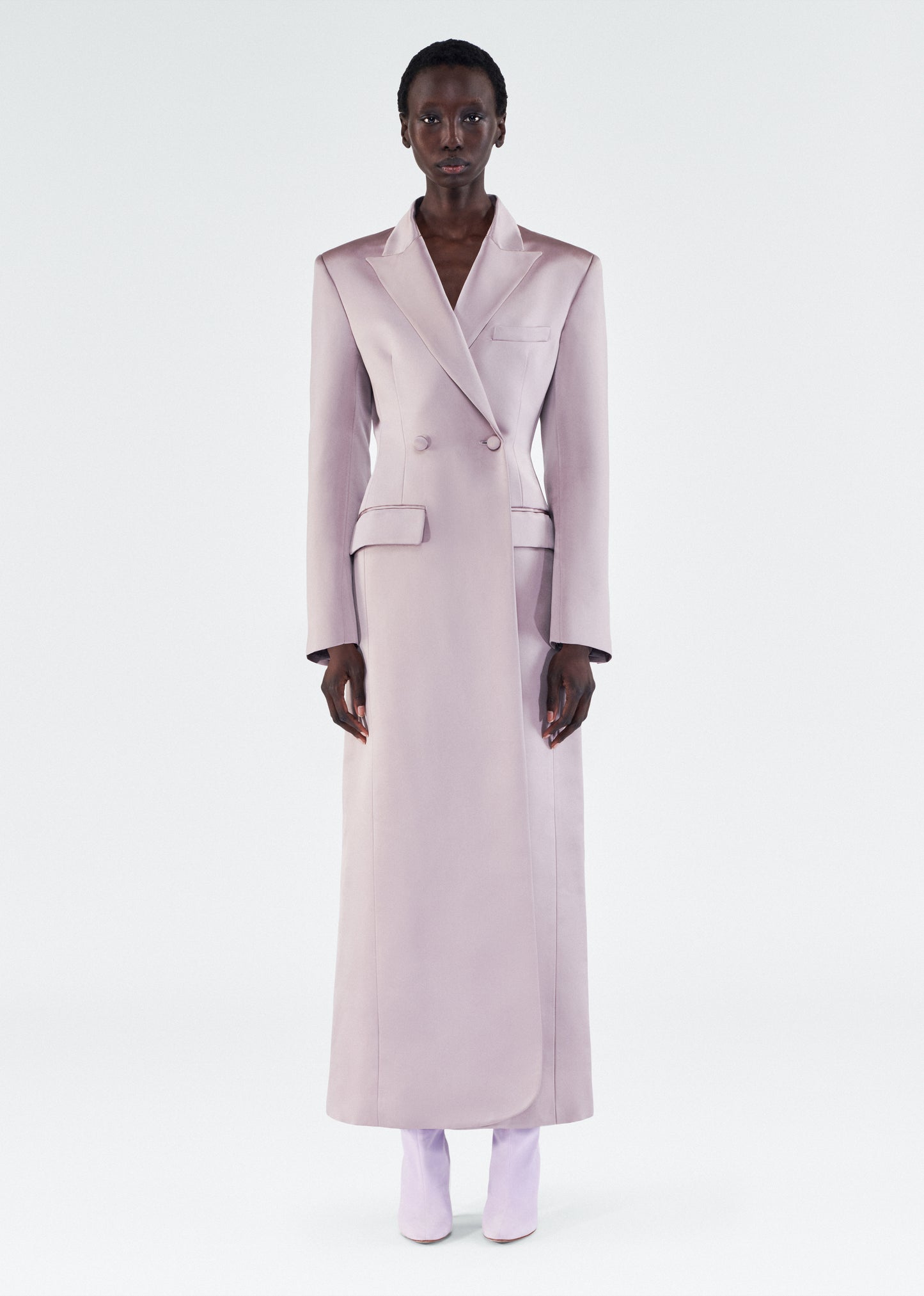 model wearing laurence coat by adam lippes in duchess satin in smokey amethyst