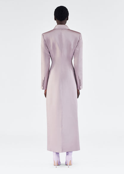 back view of model wearing laurence coat by adam lippes in duchess satin in smokey amethyst