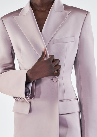 front detail of model wearing laurence coat by adam lippes in duchess satin in smokey amethyst