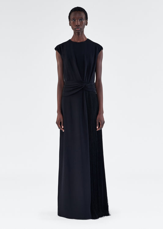 model wearing pasha dress by adam lippes in silk crepe in black