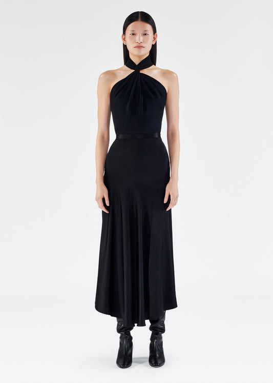 Front of model wearing the Tess Skirt in Satin Back Crepe in Black