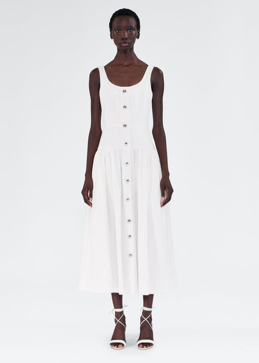 Front of model wearing the Cassie Dress in White Denim