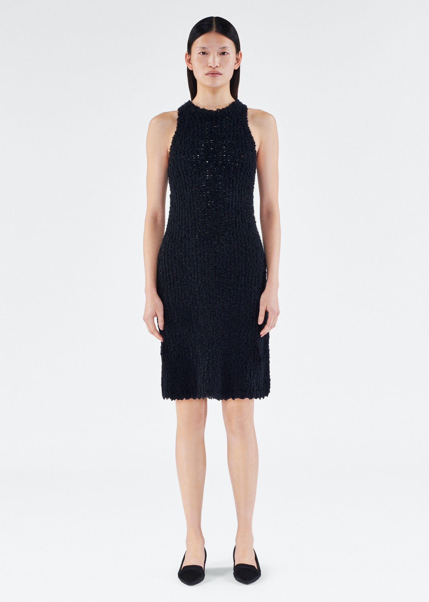 Front of model wearing the Renata Dress in Mulberry Silk in Black