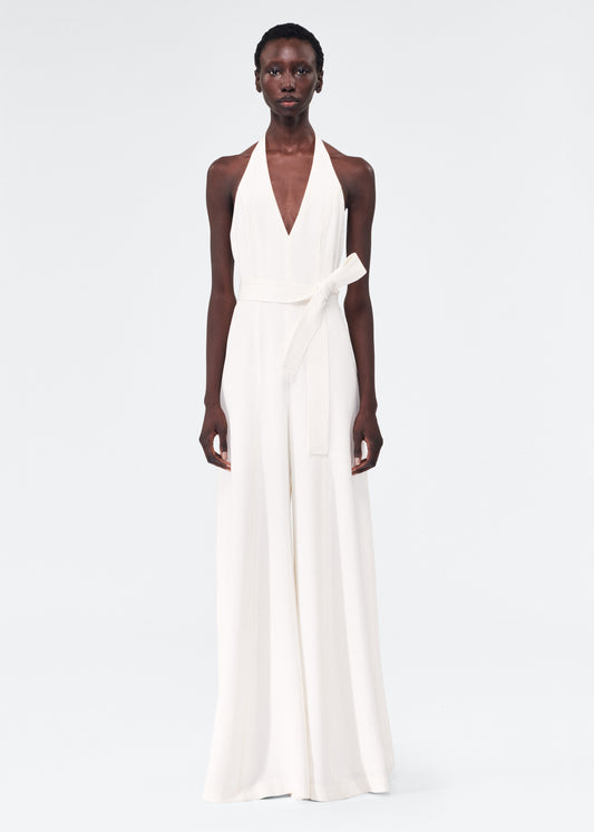 model wearing the adam lippes gaia jumpsuit in silk crepe in ivory