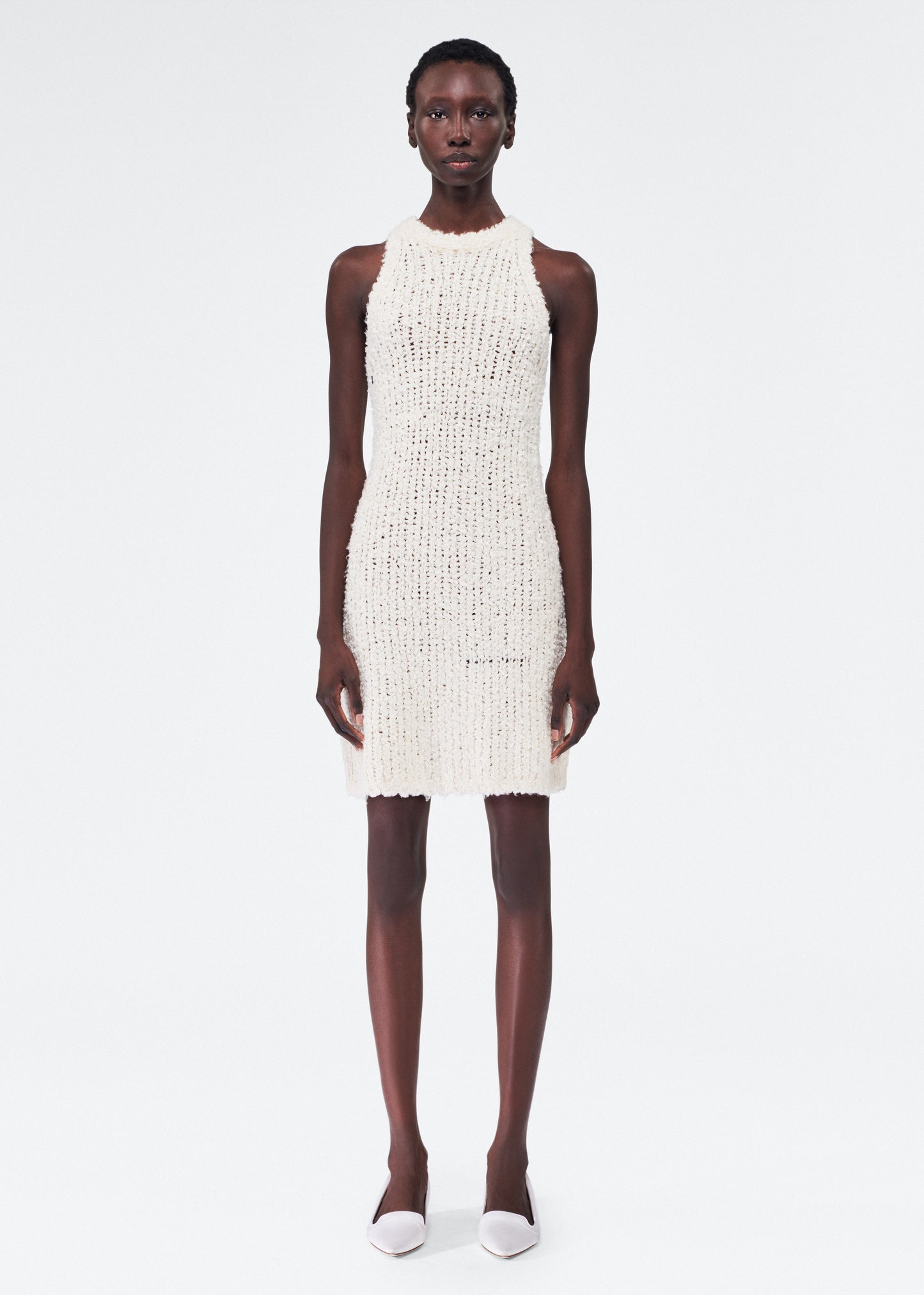 Front of model wearing the Renata Dress in Mulberry Silk in Ivory