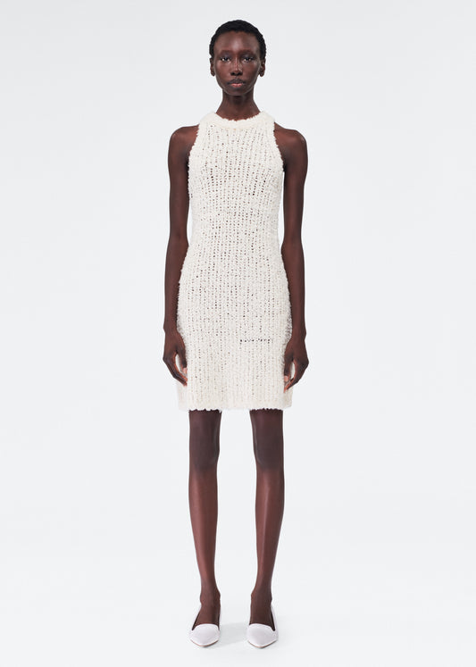 Front of model wearing the Renata Dress in Mulberry Silk in Ivory