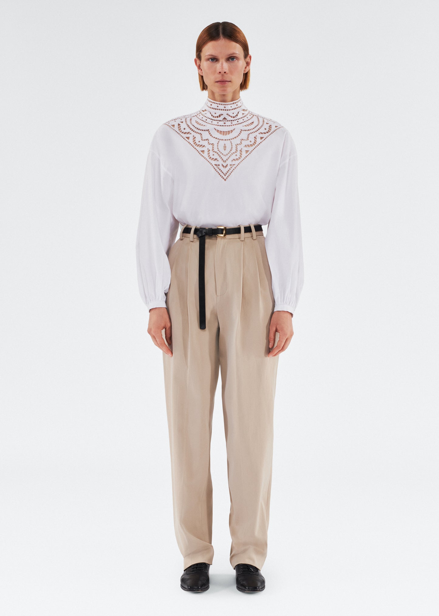 Front of model wearing the Nichols Pant in Cotton Twill in Khaki