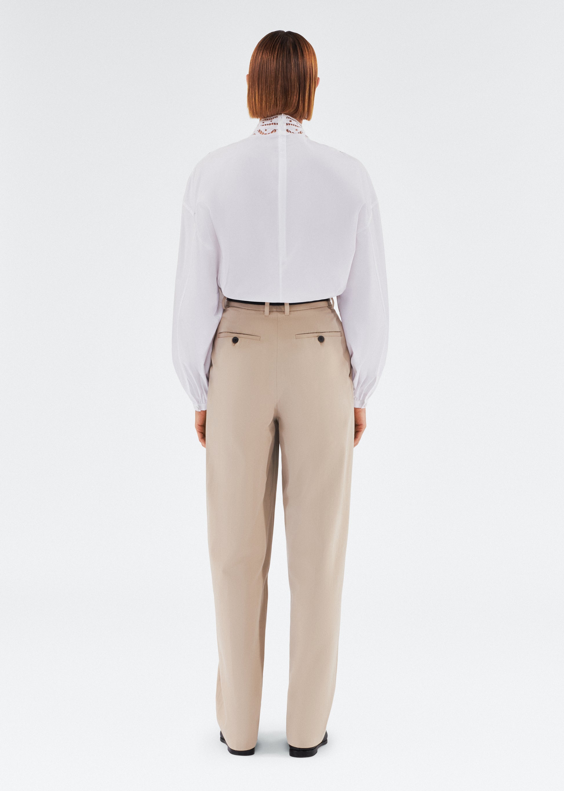 Back of model wearing the Nichols Pant in Cotton Twill in Khaki